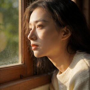 A-warm-sunlit-scene-of-a-woman-gazing-out-a-window-with-soft-light-highlighting-the-natural-planes-of-her-face-representing-the-subtle-presence-of-daylight.