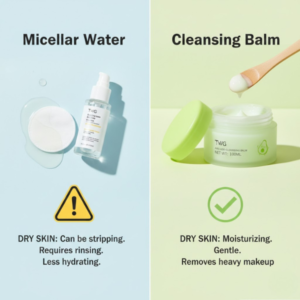 Comparison chart between cream makeup remover and micellar water showing benefits for dry skin barrier.