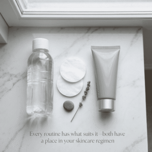 Flat-lay-of-a-complete-skincare-removal-routine-featuring-micellar-water-and-cream-remover-side-by-side-on-a-marble-surface.