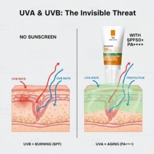 Woman applying SPF50+ PA++++ Sunscreen for daily protection with a non-greasy finish.