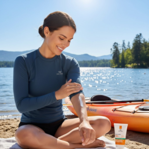 Person applying waterproof sunscreen before engaging in water sports.