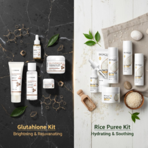 Glutathione Facial Kit and Rice Puree Skincare Set, showcasing their distinct skincare philosophies.