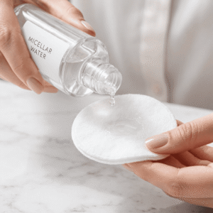 Hands-pouring-micellar-water-onto-a-white-cotton-pad-against-a-clean-marble-background