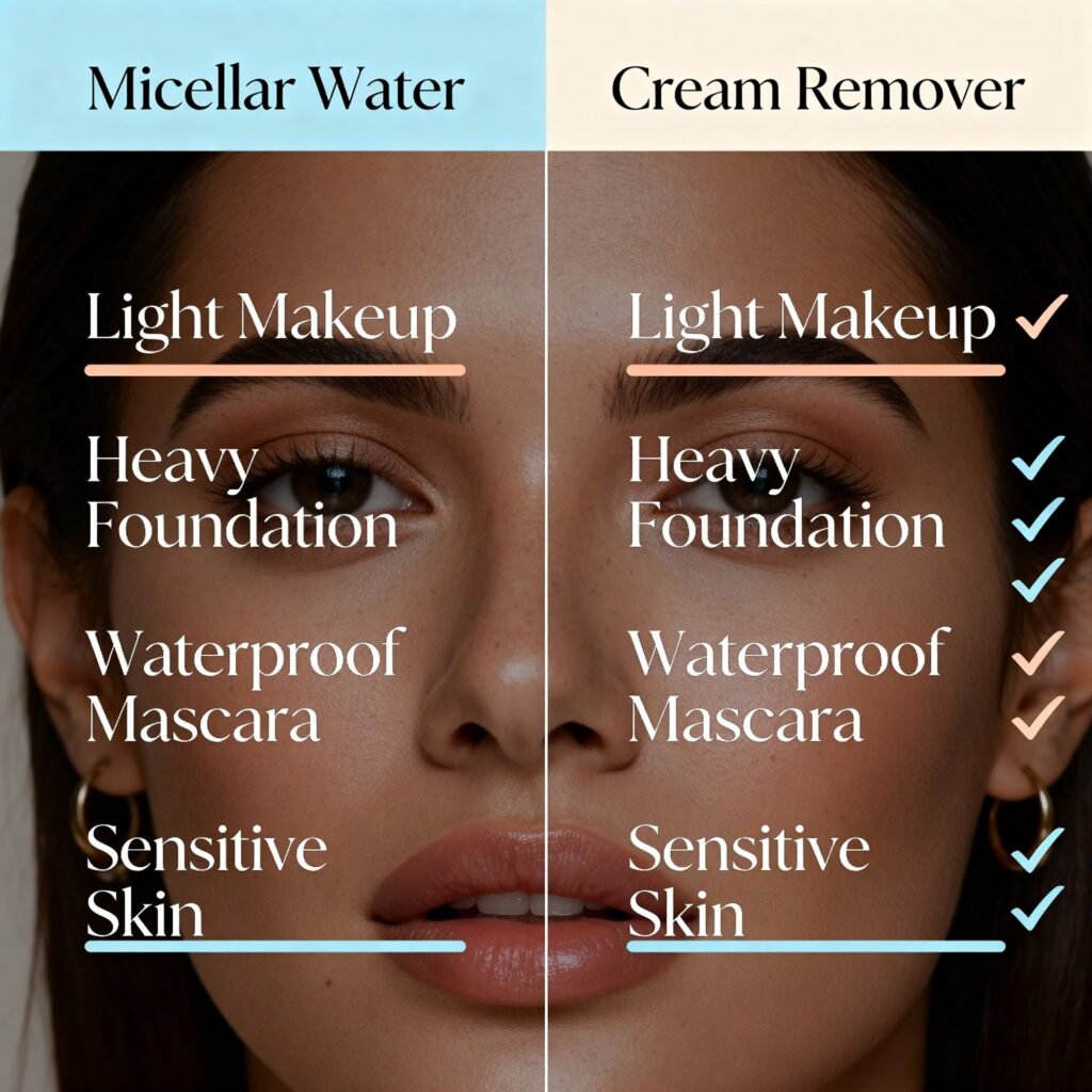 Infographic-comparing-cleansing-power-of-micellar-water-versus-cream-remover-for-light-makeup-heavy-foundation-waterproof-mascara-and-sensitive-skin-scaled.