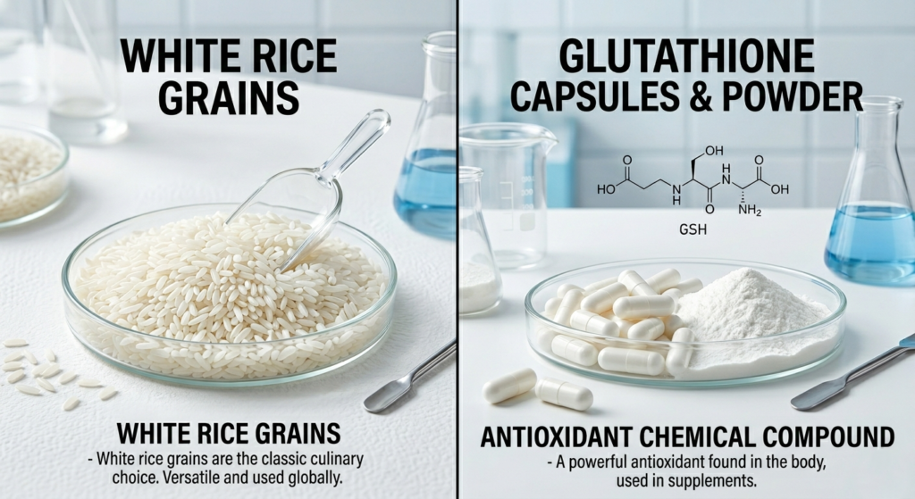 A side-by-side image showing white rice grains on one side and glutathione capsules or powder on the other