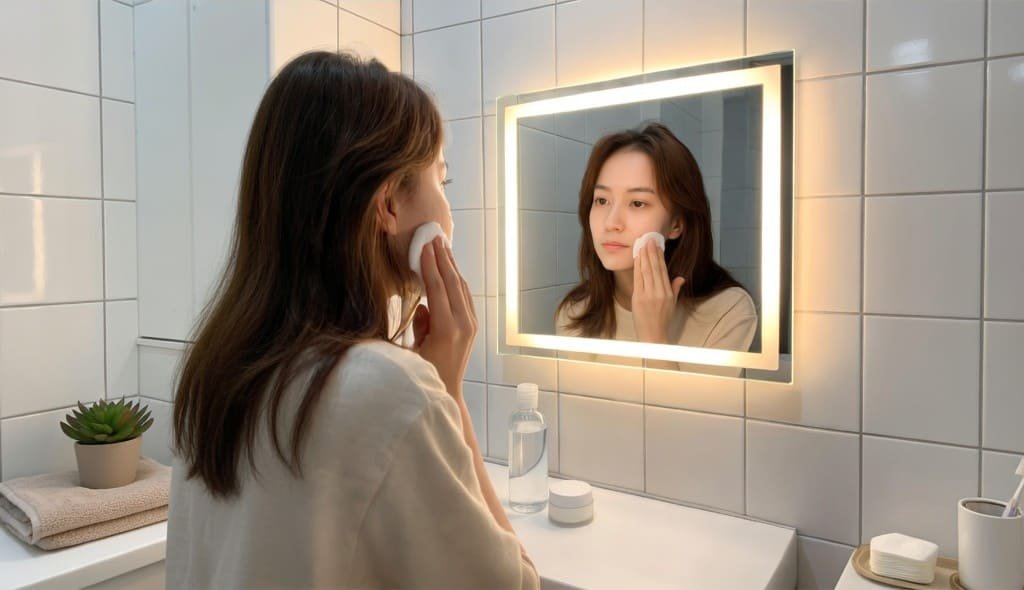 Cream vs Micellar Water: Woman-standing-at-bathroom-mirror-removing-makeup-at-night-with-micellar-water-and-cream-remover-on-the-shelf-in-front-of-her