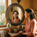 A warm portrait of a woman looking confidently into her mirror with a serene smile—it encapsulates the emotional message of the entire article and transforms information into emotion.