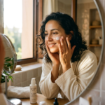 A close-up of a woman applying sunscreen to her face in the morning light—capturing the everyday nature of the routine and reinforcing the emotional impact of the sentence