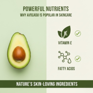 Nutrients in avocado like fatty acids and Vitamin E for skin moisture.