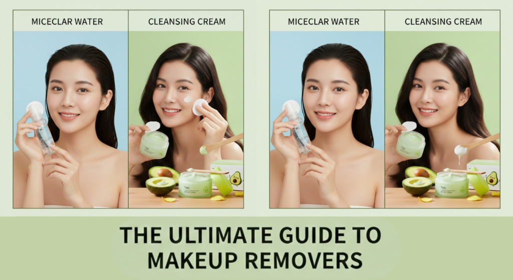 A side-by-side comparison of micellar water and cream makeup remover for skincare.