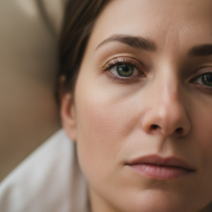 woman's face showing signs of dull skin, fatigue, and dark circles before starting a skincare routine.