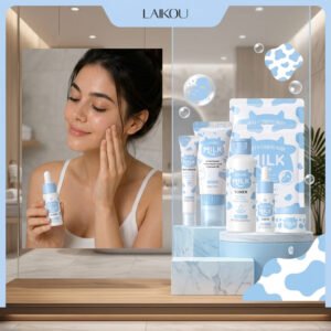 Woman applying LAIKOU milk skincare set serum with soft fingertips — nourishing glow ritual