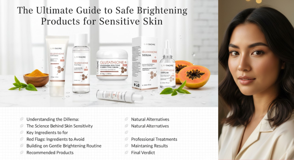 Safe brightening products for sensitive skin arranged on a counter