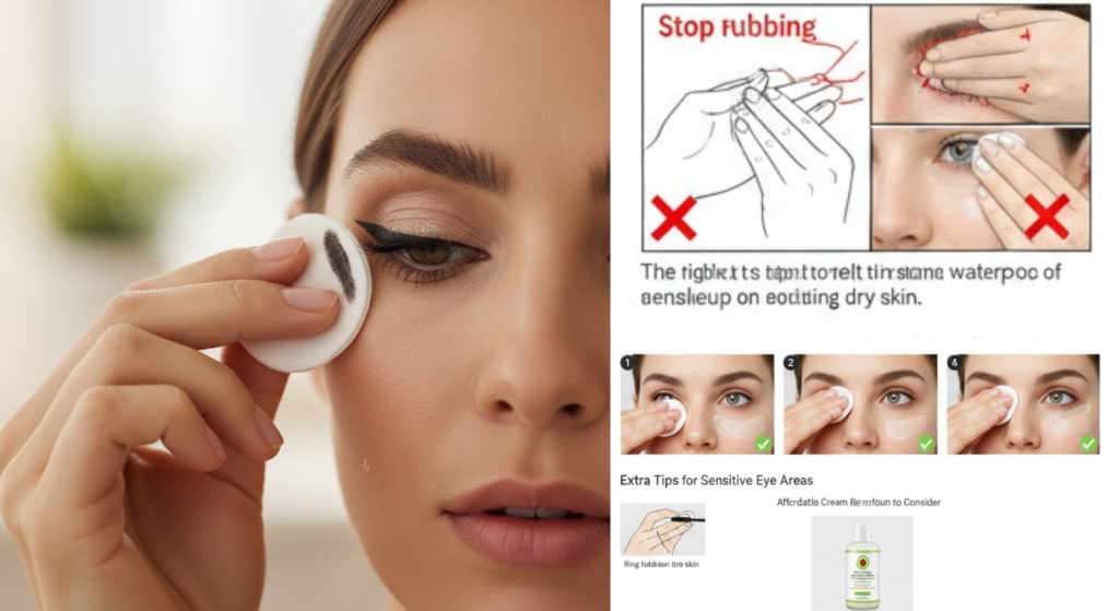 Woman gently removing waterproof mascara using a cream cleanser without rubbing.