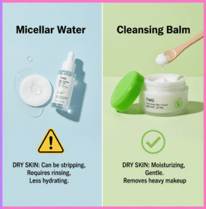 Comparison chart between cream makeup remover and micellar water showing benefits for dry skin barrier.