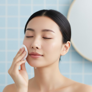 Using micellar water on a cotton pad to remove light makeup