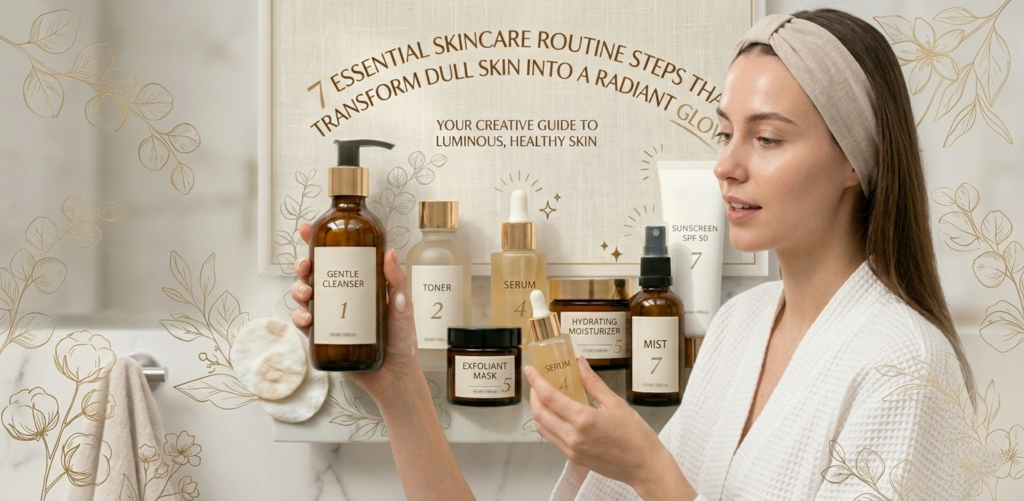 Woman following skincare routine steps with cleanser and serum on bathroom shelf