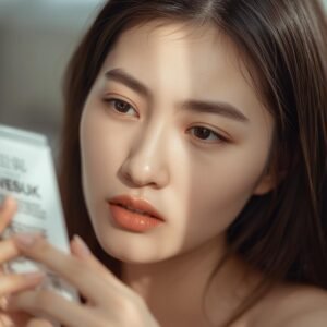 Woman checking ingredients to avoid for sensitive skin on product label