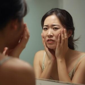 woman examining skin after following incorrect skincare routine steps