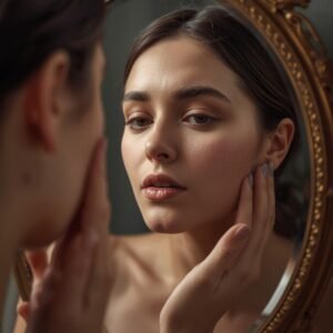 Woman learning how to determine her skin type at home