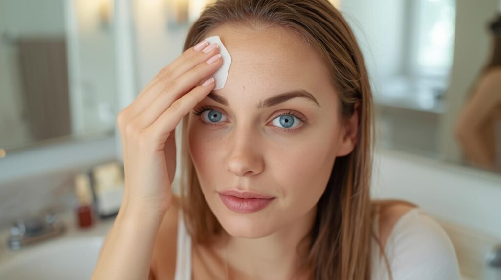 Woman performing an at-home test to determine her skin type with blotting paper