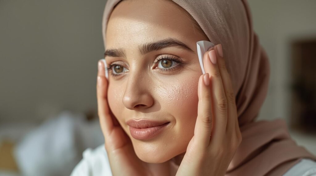 Woman performing an at-home test to determine her skin type with blotting paper