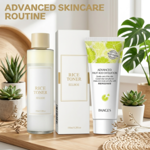 glass skin routine for dry skin — 3-step product flatlay with rice essence