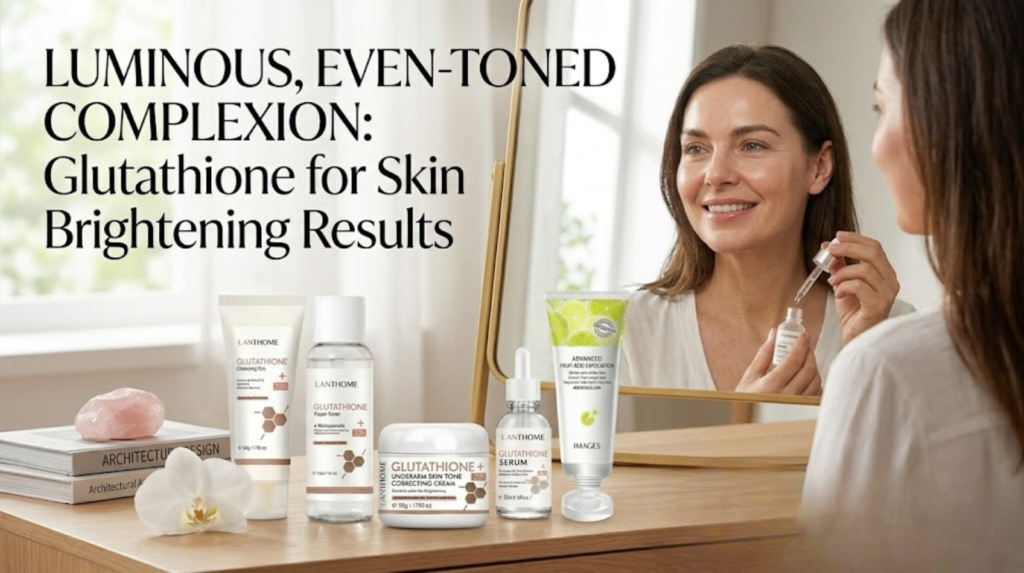 A woman with a luminous, even-toned complexion, showcasing the glutathione for skin brightening results.