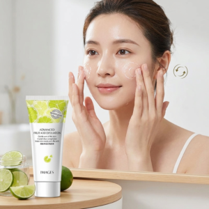 Woman gently massaging exfoliating gel on her face in circular motion demonstrating fruit acid peeling gel benefits tutorial step