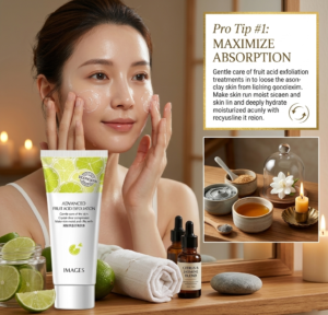 Luxury skincare routine setup with glowing skin products and candle representing fruit acid peeling gel benefits tutorial skincare tips