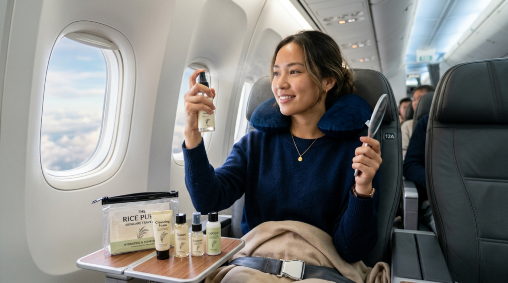 A woman in an airplane seat applying a hydrating face mist from one of the best skincare travel kits 2026.