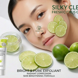 Marketing image for IMAGES Fruit Acid Exfoliating Gel, featuring a woman with radiant skin, fresh lime slices, and the product tube, titled "Silky Clean Fresh Citrus Glow".