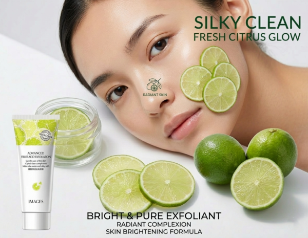 Marketing image for IMAGES Fruit Acid Exfoliating Gel, featuring a woman with radiant skin, fresh lime slices, and the product tube, titled "Silky Clean Fresh Citrus Glow".