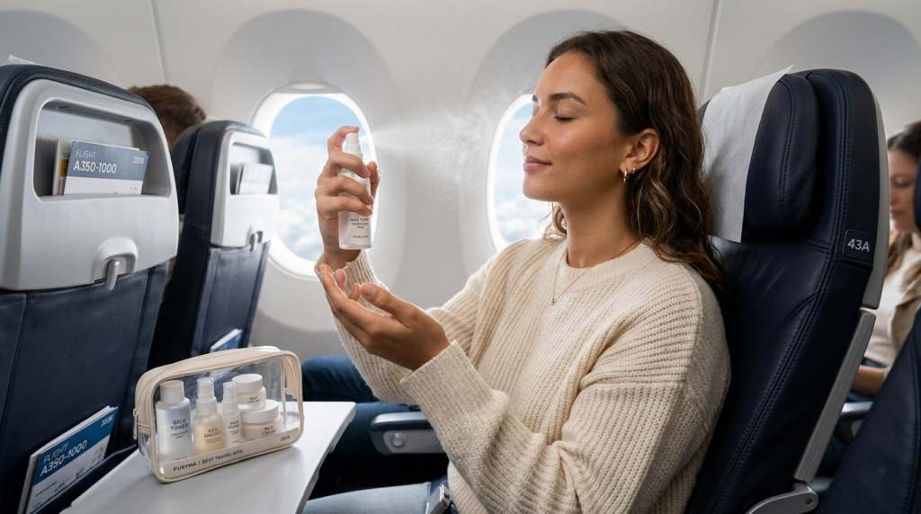 A woman in an airplane seat applying a hydrating face mist from one of the best skincare travel kits