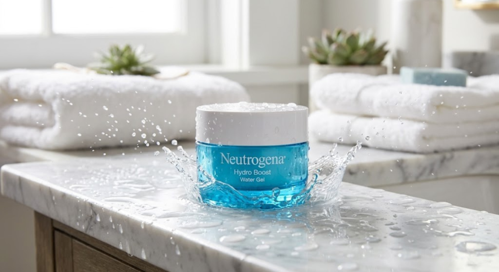 neutrogena hydro boost cream on marble surface with water droplets