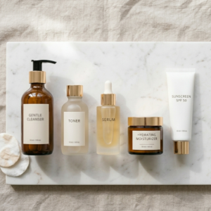 Flat-lay of skincare products in step-by-step order — cleanser, toner, serum, moisturizer, SPF. Alt text skincare routine steps products laid out in correct order