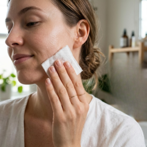 A close-up of a soothing, water-like toner being applied with a soft cotton pad.