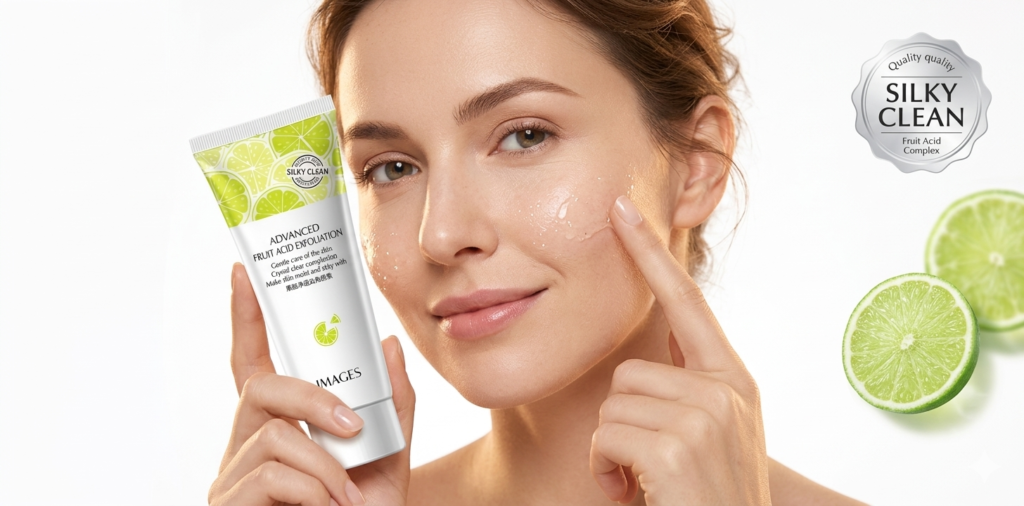 Luxury flatlay of fruit acid peeling gel with fresh apple and lemon on marble background showing fruit acid peeling gel benefits tutorial