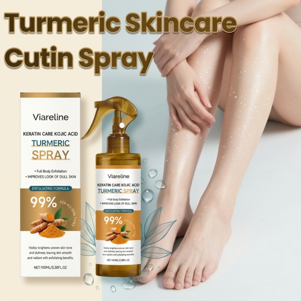 Applying exfoliating spray on rough elbows and knees to remove dead skin and even skin tone.