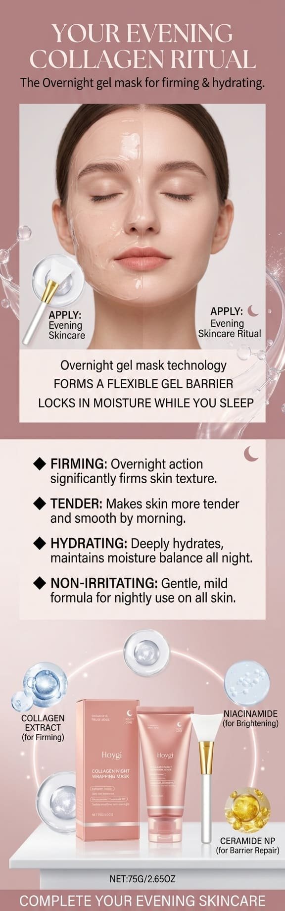 "Collagen peel off mask applied to woman's face as part of evening skincare ritual — firming hydrating overnight gel mask