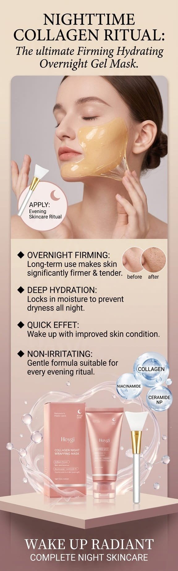 Woman peeling off collagen gel mask from face — overnight peel-off mask for firming and brightening skin