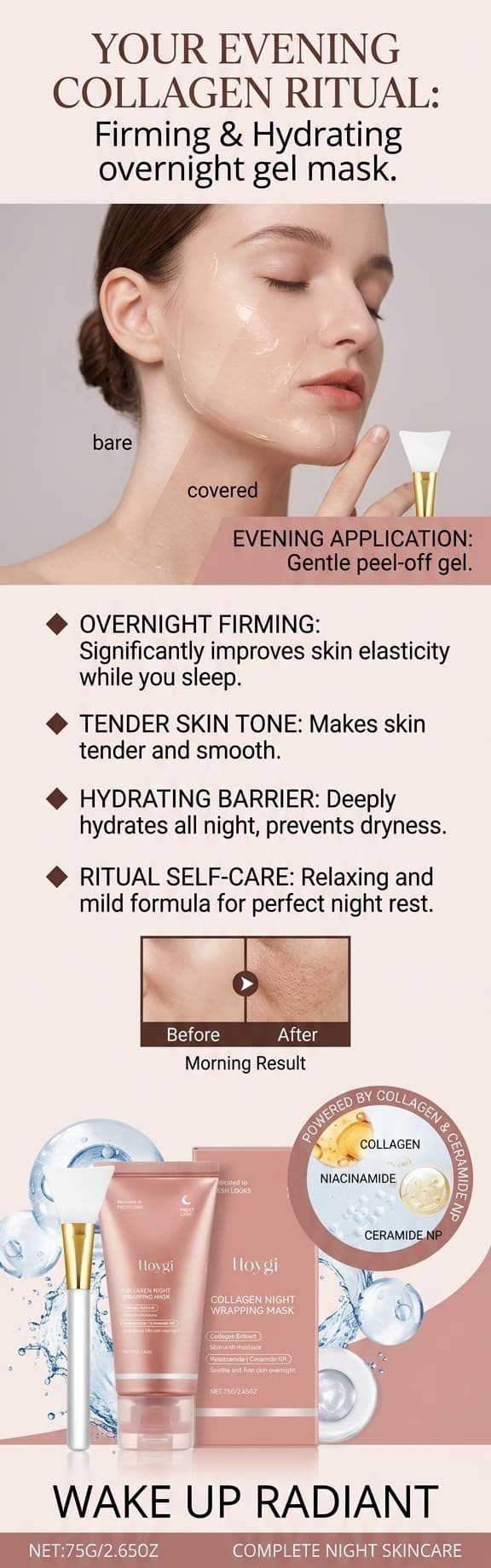 Woman peeling off collagen gel mask from face — overnight peel-off mask for firming and brightening skin