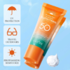 A feature-focused image showcasing the double SADOER sunscreen tube dynamically angled above a soft swirl of white lotion, next to a panel with three squares containing icons for UV protection, travel, and anti-photoaging.