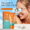 A complete advertising image combining the SADOER sunscreen bottle and tube with a photo of a smiling model wearing sunglasses, showing sun lotion drawn into a sun shape on their cheek, under the title 'HIGH SUN PROTECTION'.