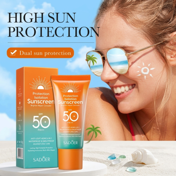 A complete advertising image combining the SADOER sunscreen bottle and tube with a photo of a smiling model wearing sunglasses, showing sun lotion drawn into a sun shape on their cheek, under the title 'HIGH SUN PROTECTION'.