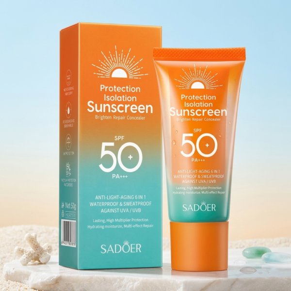 A professional studio shot displaying the packaged SADOER Protection Isolation Sunscreen SPF 50 standing to the left of the bottle, both against a pure white background, showcasing the overall product design.
