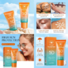A complete advertising image combining the SADOER sunscreen bottle and tube with a photo of a smiling model wearing sunglasses, showing sun lotion drawn into a sun shape on their cheek, under the title 'HIGH SUN PROTECTION'.