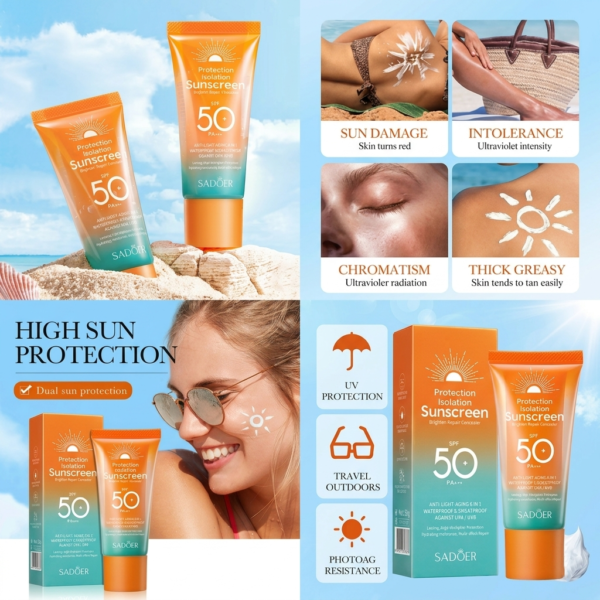 A complete advertising image combining the SADOER sunscreen bottle and tube with a photo of a smiling model wearing sunglasses, showing sun lotion drawn into a sun shape on their cheek, under the title 'HIGH SUN PROTECTION'.