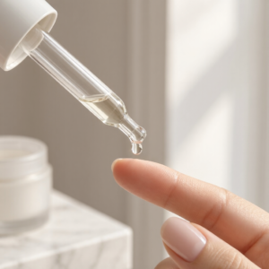 A-clean-close-up-of-a-glass-dropper-dispensing-a-single-clear-silky-drop-of-serum-onto-a-womans-clean-fingertip