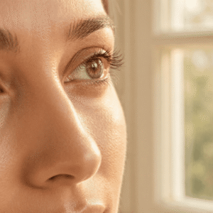 A-soft-beautifully-lit-close-up-of-a-woman-looking-thoughtfully-towards-a-window-focusing-on-a-healthy-natural-and-hydrated-eye-area.